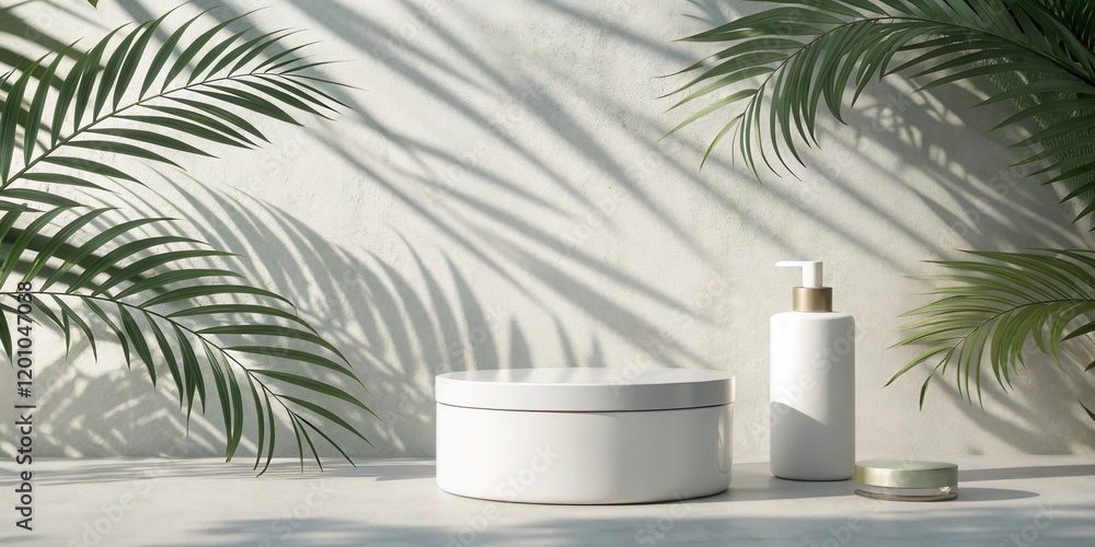 Fototapeta premium Serene Minimalist Product Display with Tropical Foliage and Sunlight Shadows