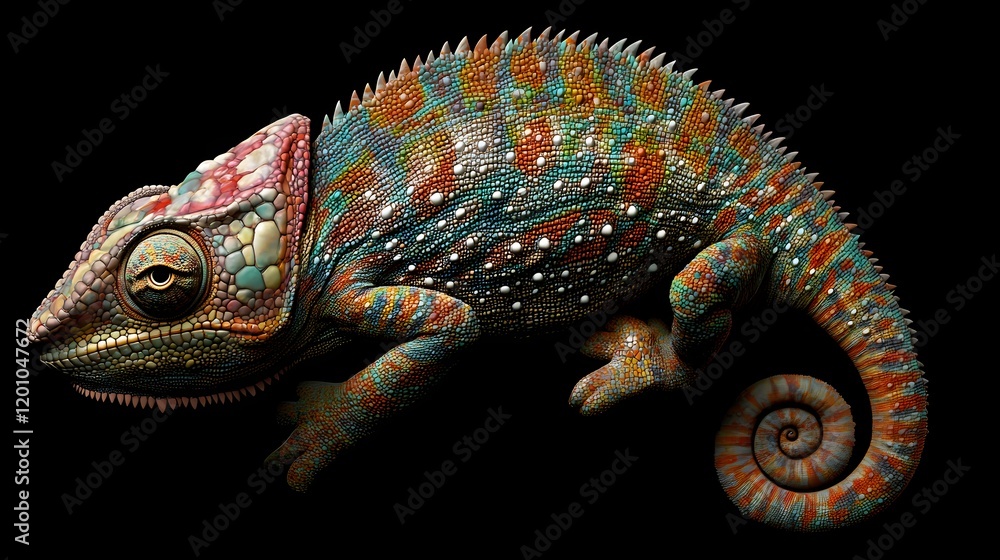 Obraz premium Colorful chameleon studio shot, vibrant scales, black background, exotic pet