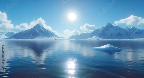 Wallpaper Mural A serene landscape featuring mountains, ice, and a sun reflecting on tranquil waters. Torontodigital.ca