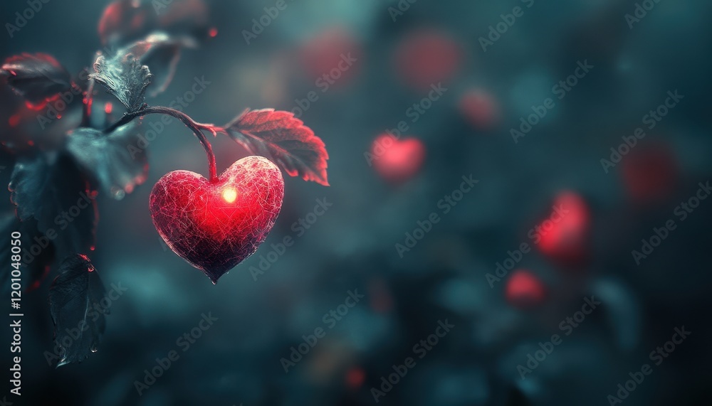 Glowing Heart-Shaped Plant in Dark Mystical Forest Glowing Heart-Shaped Plant in Dark Mystical Forest