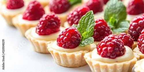 Mini tarts with shortcrust pastry filled with raspberry and vanilla custard topped with fresh mint leaves arranged on a white background.