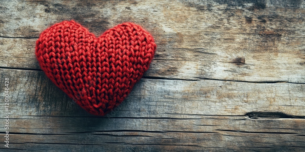 Handmade red knitted heart on rustic wooden background with soft bokeh effect and ample copyspace for romantic messages or promotions Handmade red knitted heart on rustic wooden background with soft bokeh effect and ample copyspace for romantic messages or promotions