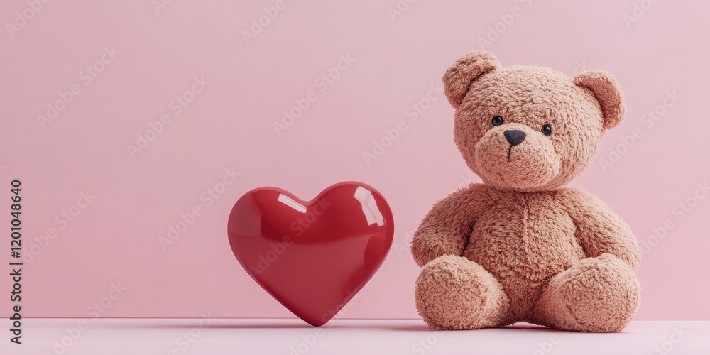 Obraz premium Romantic teddy bear and glossy red heart on a soft pink tabletop background creating a warm and inviting atmosphere of love and affection.