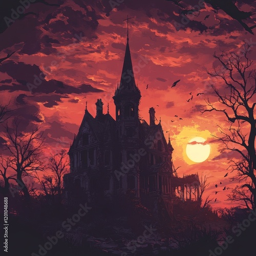 Ruined Mansion Sunset Crimson Sky Bats photo