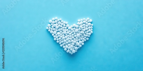 Heart shape formed by white pills on a soft blue background creating a medical theme with ample copyspace for advertising concepts photo