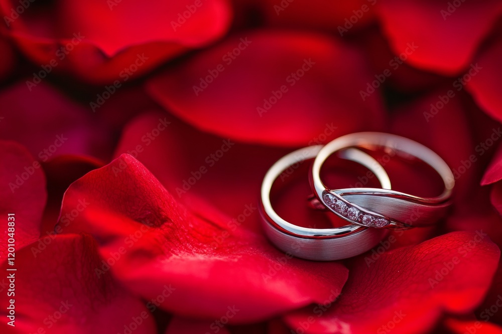 Two elegant rings are intertwined and placed on a bed of lush red rose petals, symbolizing love and commitment in a captivating and passionate setting Two elegant rings are intertwined and placed on a bed of lush red rose petals, symbolizing love and commitment in a captivating and passionate setting