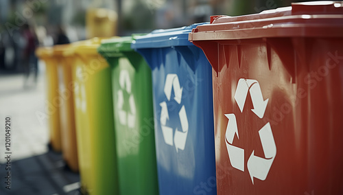 A row of colorful recycling bins with the recycling symbol on them, representing eco-friendly waste management photo