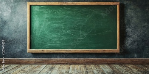 Empty green chalkboard framed in rustic wood positioned against a textured dark wall with wooden floor highlighting its simplicity and potential. photo