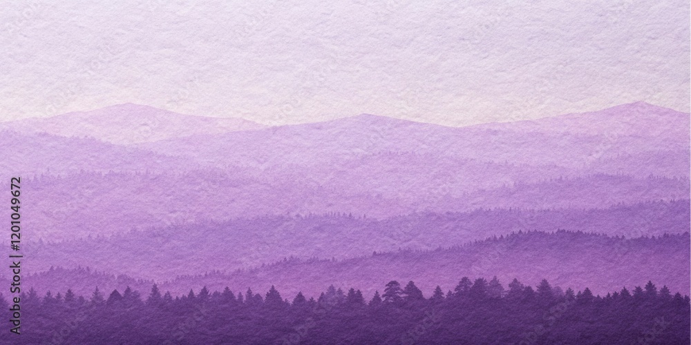 Fototapeta premium Purple Mountain Majesty A Serene Watercolor Landscape of Misty Peaks and Silhouetted Trees