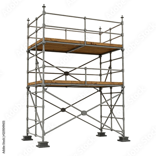 Two level scaffolding with wooden planks and a transparent background photo