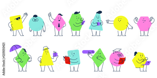 Abstract geometric character. Simple cute geometry shapes with funny faces, legs, hands. Funny square, triangle, circle. Vector set.