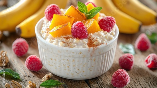 Oatmeal breakfast bowl with mango, raspberries, and bananas on wood photo