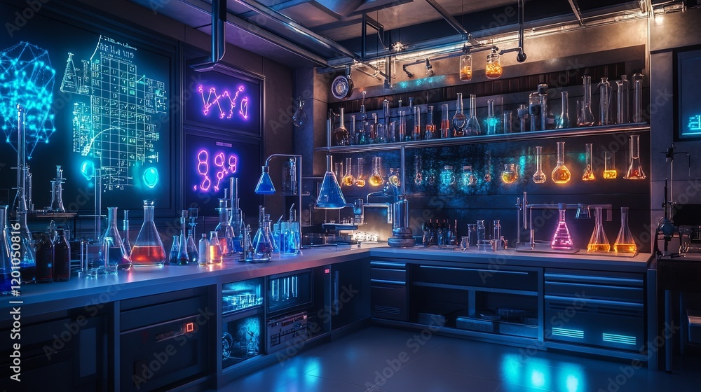 A sparkling science lab with beakers, test tubes, and a periodic table on the wall A sparkling science lab with beakers, test tubes, and a periodic table on the wall