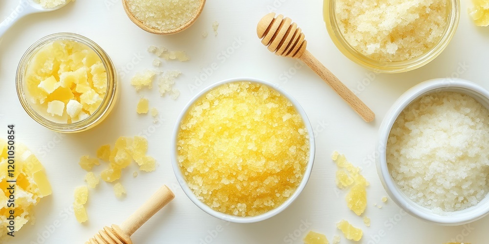 Natural exfoliating scrubs in bowls with wooden spoons and honey dipper on light background featuring yellow and white textures and grains Natural exfoliating scrubs in bowls with wooden spoons and honey dipper on light background featuring yellow and white textures and grains