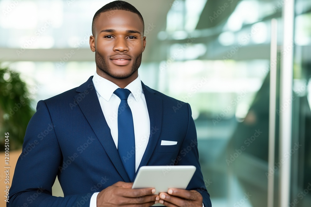 Confident African-American businessman holding a tablet in a corporate environment. Professional leadership Confident African-American businessman holding a tablet in a corporate environment. Professional leadership
