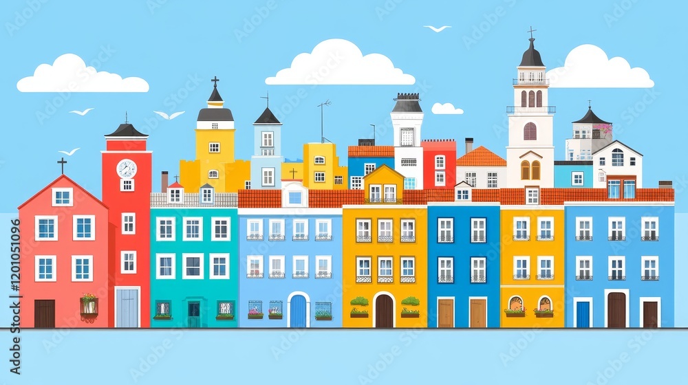 Naklejka premium Vibrant Coastal Town Skyline with Colorful Buildings and Cloudy Sky