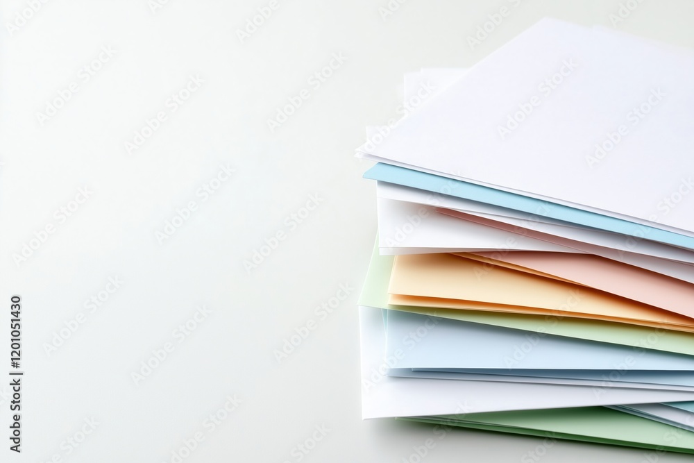 Stack of multicolored papers on white background with copy space. Organization and creativity. Stack of multicolored papers on white background with copy space. Organization and creativity.