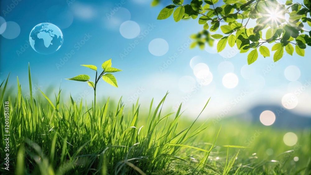 A vibrant young sprout emerging from lush green grass, symbolizing new growth and a healthy planet under a bright sun.