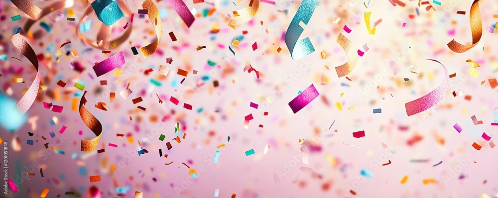 Obraz premium Confetti watercolor idea. Colorful confetti falls against a pastel background, celebrating joy and happiness.