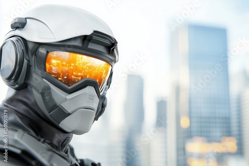 Futuristic soldier with reflective visor in urban setting. Concept of advanced technology and cyber warfare photo