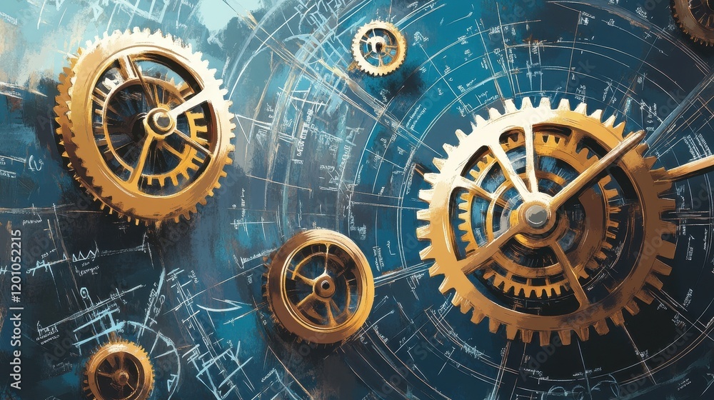 Fototapeta premium Golden Gears Intermeshing on a Blueprint Design