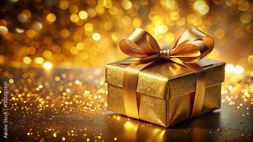 Elegant Gift Box with Golden Bow on Sparkling Background - Luxury Present Packaging Stock Photo Elegant Gift Box with Golden Bow on Sparkling Background - Luxury Present Packaging Stock Photo