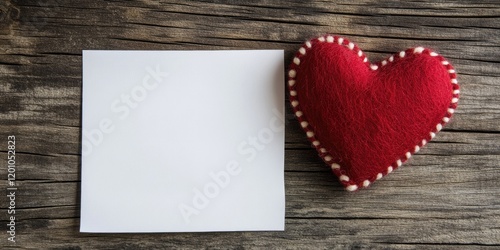 Red felt heart on rustic wooden table beside white paper, symbolizing love and celebration, ample copy space for creative designs. photo