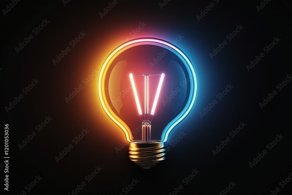 Glowing light bulb with multicolor neon illumination on dark background. innovation and inspiration Glowing light bulb with multicolor neon illumination on dark background. innovation and inspiration
