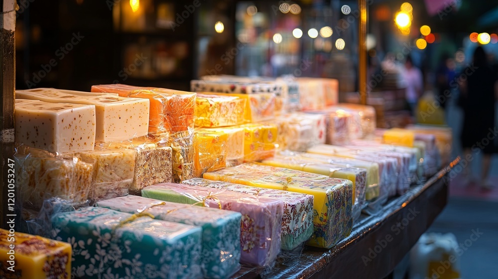 A sparkling street vendor selling handmade soaps wrapped in decorative paper A sparkling street vendor selling handmade soaps wrapped in decorative paper