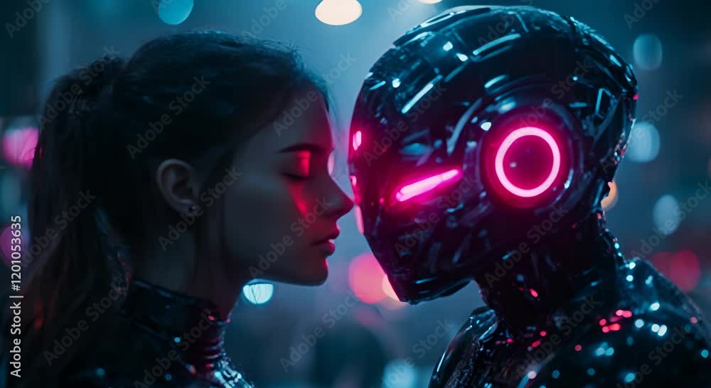 A close encounter between a woman and a futuristic robot in a neon-lit urban setting. A close encounter between a woman and a futuristic robot in a neon-lit urban setting.