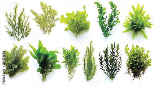 Underwater seaweed plants. Aquarium and sea algae. Laminaria, Codium and Nitella underwater plant, Kelp, Fucus and Phyllophora ocean or aquarium flora, isolated vector sea water plants, seaweed set photo