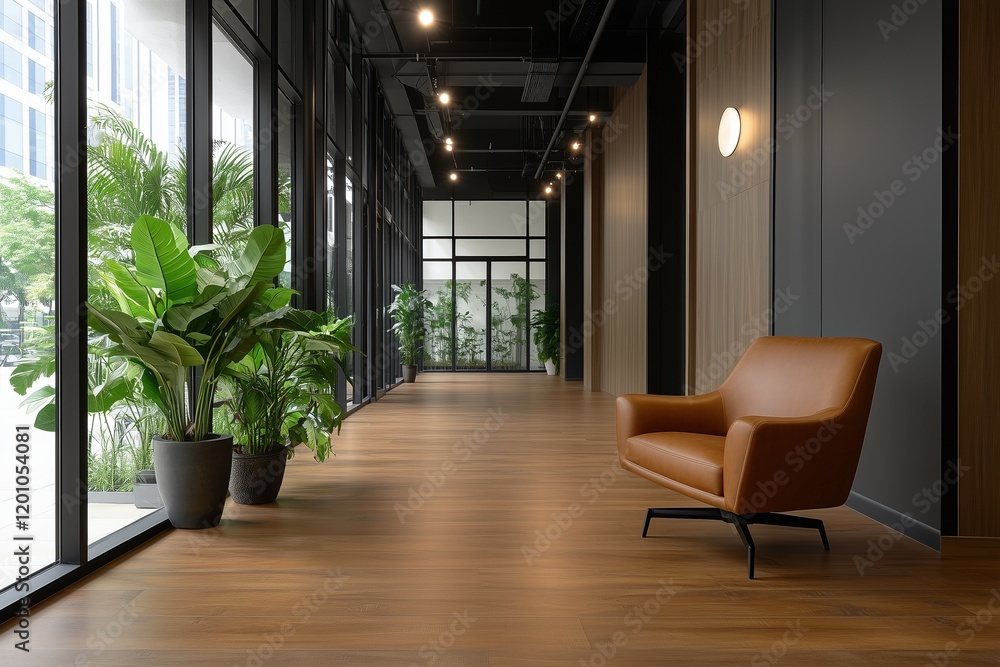 Fototapeta premium Modern hallway with a leather armchair and indoor plants under natural light. Contemporary interior design