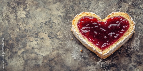 Heart shaped cake with raspberry jam on a textured stone background with ample copy space on the right side ideal for Valentine's Day themes photo