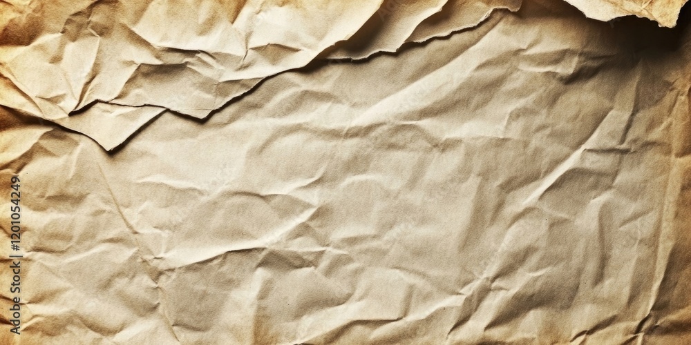 Obraz premium Vintage paper texture with crumpled detailed surface, warm beige hues, uneven folds across the center, ideal for backgrounds and artistic designs