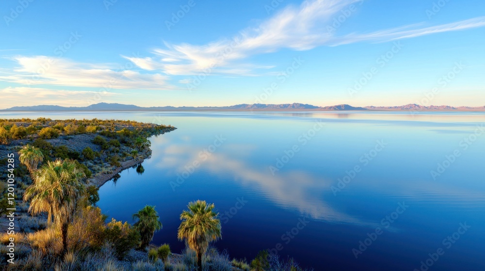 Tranquil desert lake and mountains Tranquil desert lake and mountains