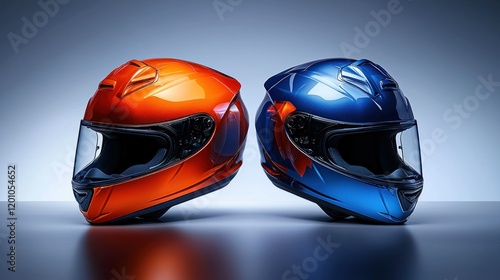 Orange and blue helmets studio shot, motorsport photo