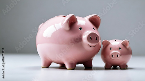 two pink porcelain piggy banks isolated on white background, money saving concept with copy space for text photo