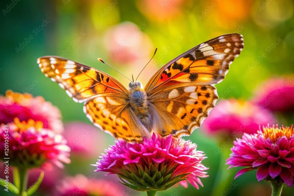 Elegant Peach Fuzz Butterfly on Flower - Panoramic Nature Stock Photo Elegant Peach Fuzz Butterfly on Flower - Panoramic Nature Stock Photo