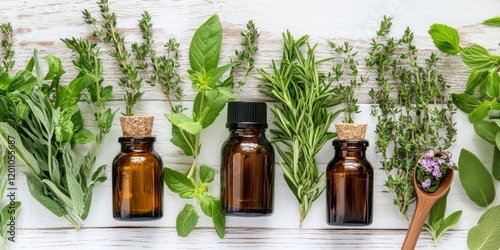 Herbal plants in mini brown glass bottles with cork lids arranged on a rustic white wooden table alongside fresh green herbs and a wooden scoop. photo