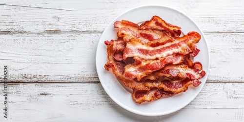 Crispy homemade fried bacon arranged on a white plate sits on a textured white wooden surface top view ample negative space on the left photo