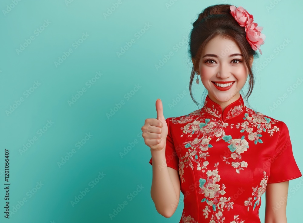 A cheerful Chinese woman wearing a red traditional dress, giving a thumbs-up gesture against a matching red background, symbolizing positivity. Chinese lunar new year concept.