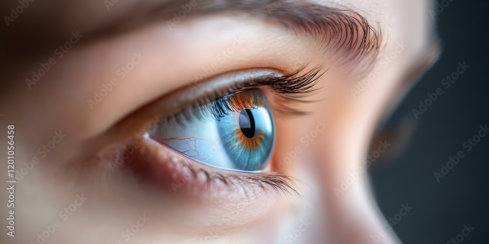 Obraz premium A close-up of a human eye showcasing detailed features, including vibrant colors and intricate eyelashes. Concept Human Eye Macro Photography, Detailed Eye Features, Vibrant Eye Colors