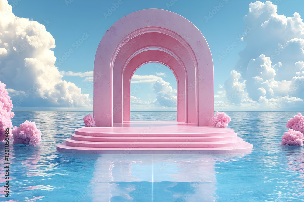 Fototapeta premium Pink archway ocean platform, cloudscape backdrop, product display