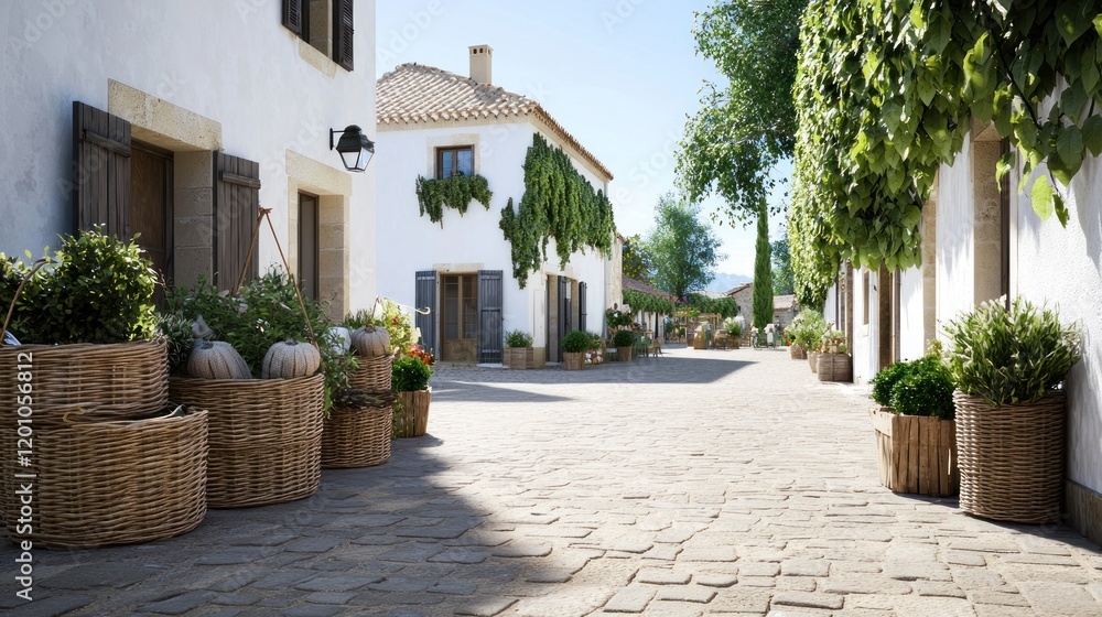 Naklejka premium Quaint village street lined with planters and greenery.