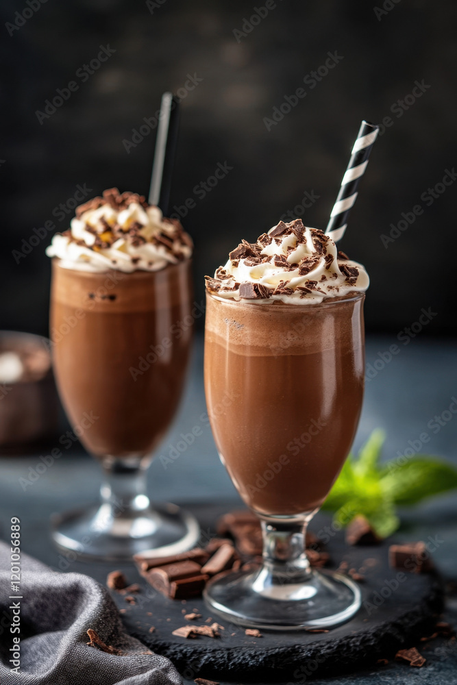 Two chocolate milkshakes topped with whipped cream and chocolate shavings sit on a dark slate, creating a deliciously indulgent scene. Two chocolate milkshakes topped with whipped cream and chocolate shavings sit on a dark slate, creating a deliciously indulgent scene.