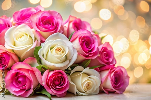 Elegant Pink & White Roses Bouquet - Soft Bokeh Background Stock Photo