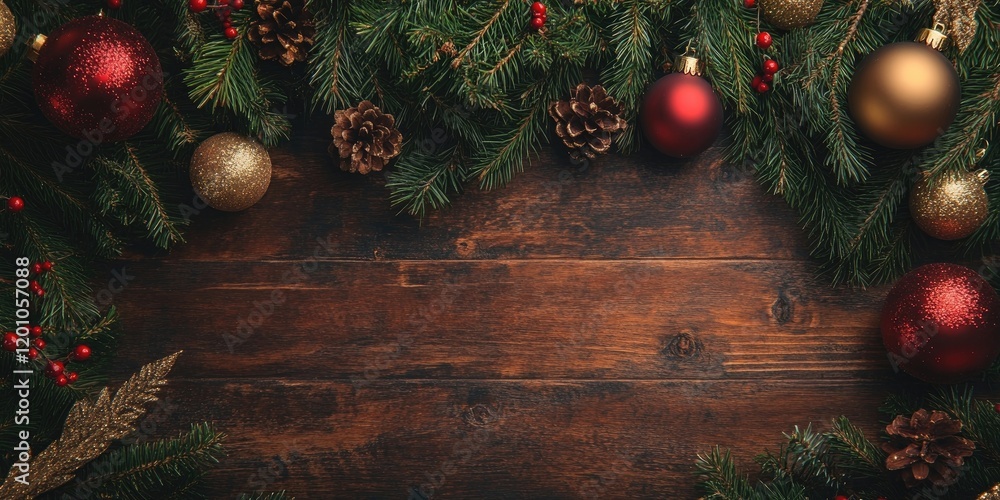Holiday mock up with green fir tree branches and red and golden ornaments arranged around a wooden table with ample copy space at the bottom Holiday mock up with green fir tree branches and red and golden ornaments arranged around a wooden table with ample copy space at the bottom