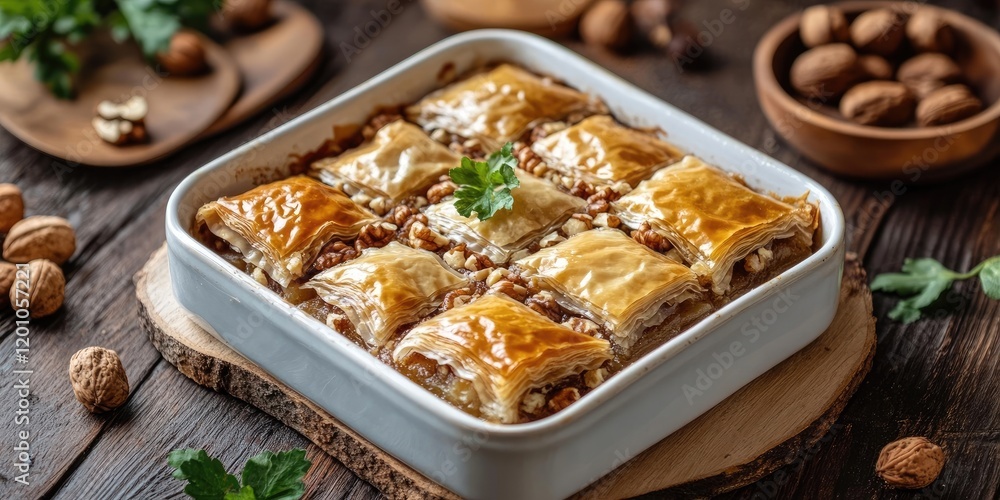 Homemade baklava with a golden glaze in a white baking dish on a wooden table, surrounded by walnuts and fresh green herbs, vibrant brown tones Homemade baklava with a golden glaze in a white baking dish on a wooden table, surrounded by walnuts and fresh green herbs, vibrant brown tones