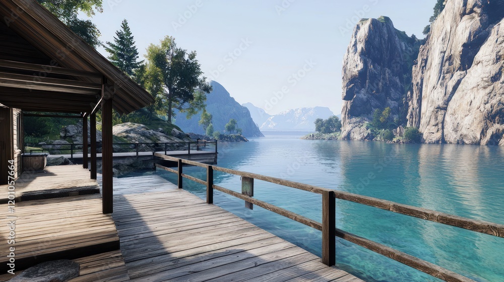 Scenic lakeside view with wooden dock and mountains in background. Scenic lakeside view with wooden dock and mountains in background.