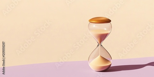 Hourglass with golden top filled with sand on violet table against soft beige background symbolizing the passage of time and menopause concept